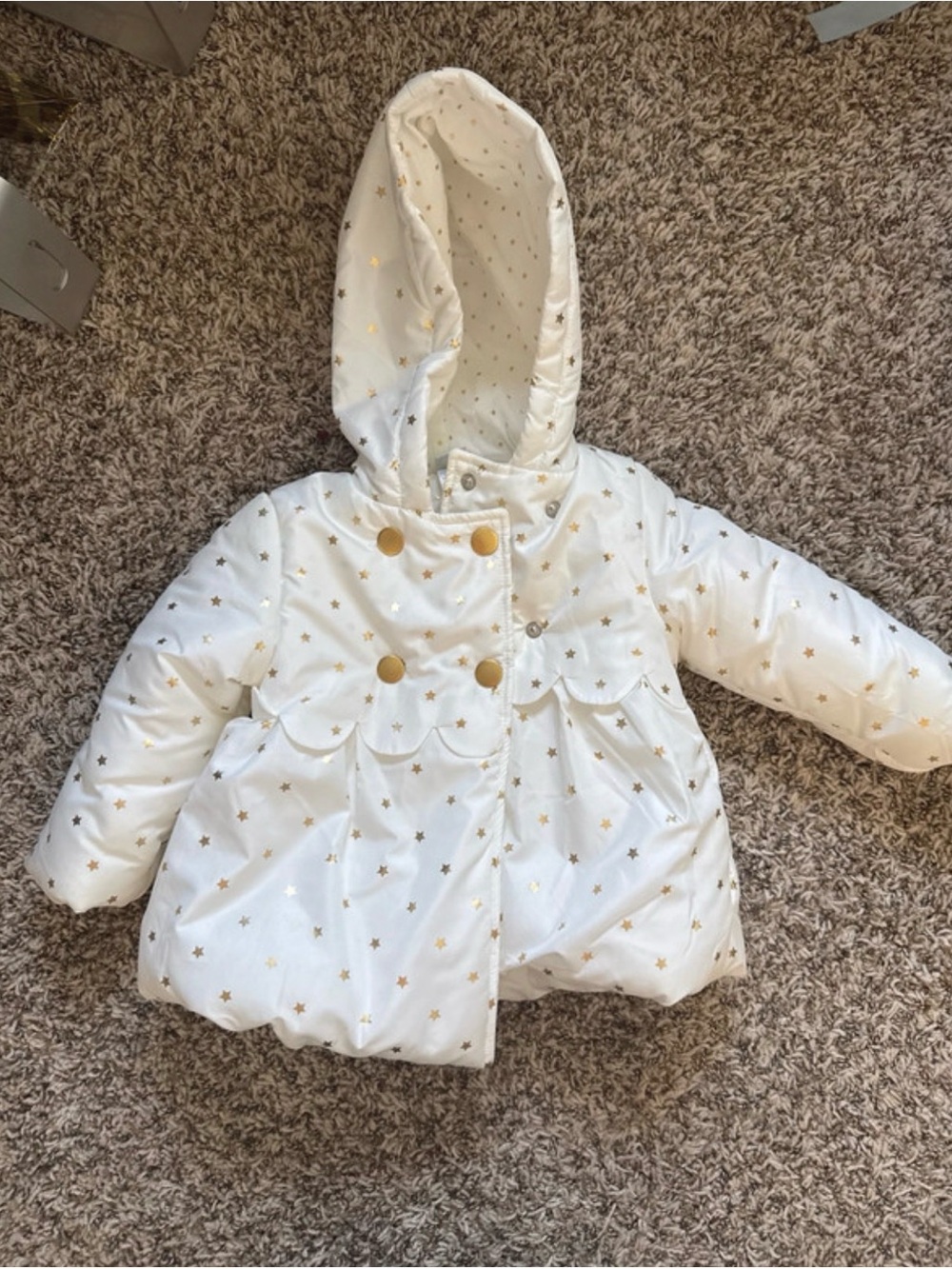 Little Me Cream Hooded Puffer Jacket with Gold Star Print